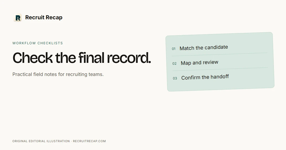Reviewed notes moving through record matching and field mapping to a checked ATS destination.