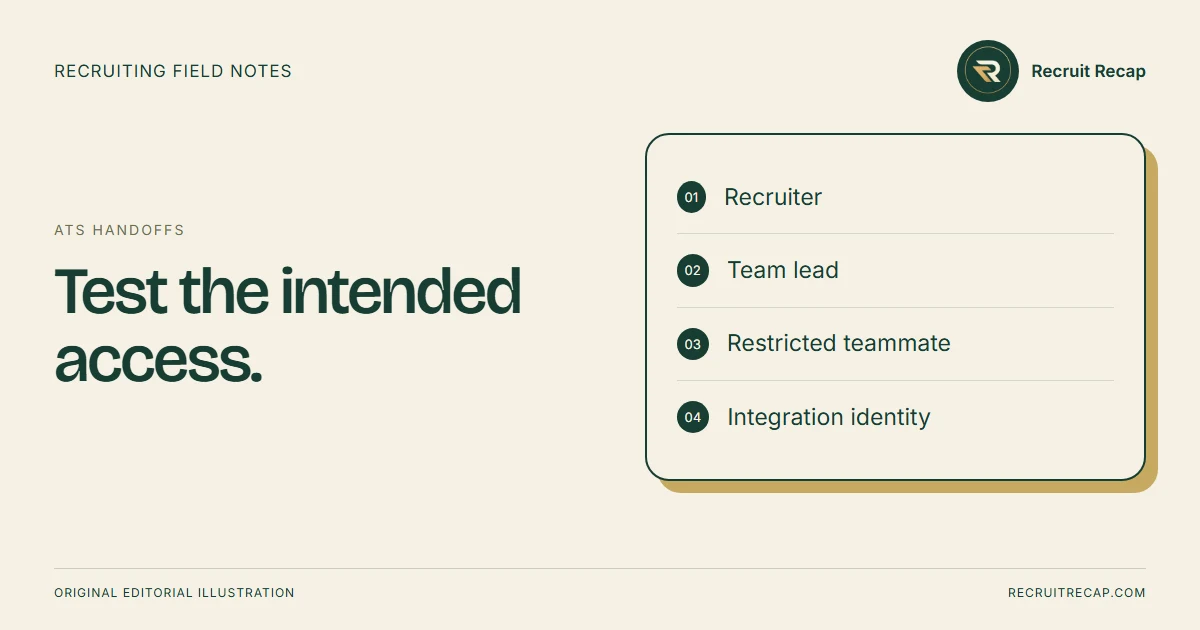Original editorial illustration: Test the intended access. Key points: Recruiter, Team lead, Restricted teammate, Integration identity.