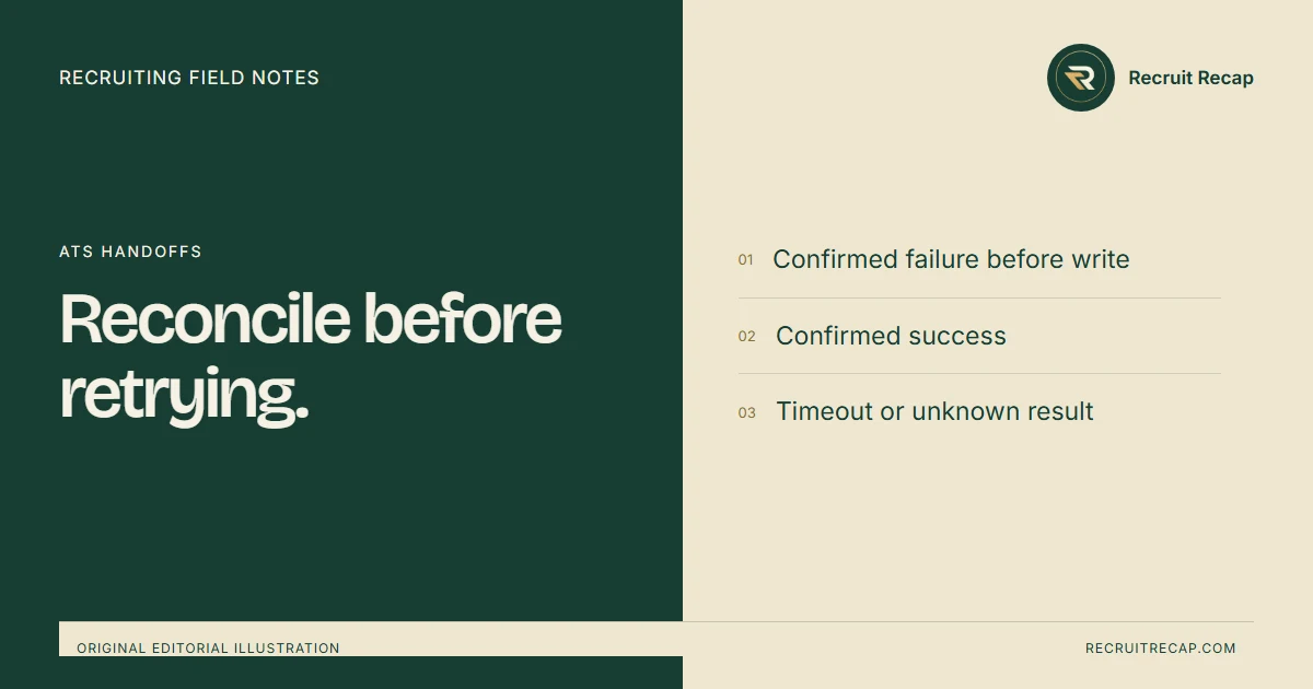 Original editorial illustration: Reconcile before retrying. Key points: Confirmed failure before write, Confirmed success, Timeout or unknown result.