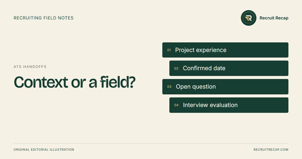 Original editorial illustration: Context or a field? Key points: Project experience, Confirmed date, Open question, Interview evaluation.