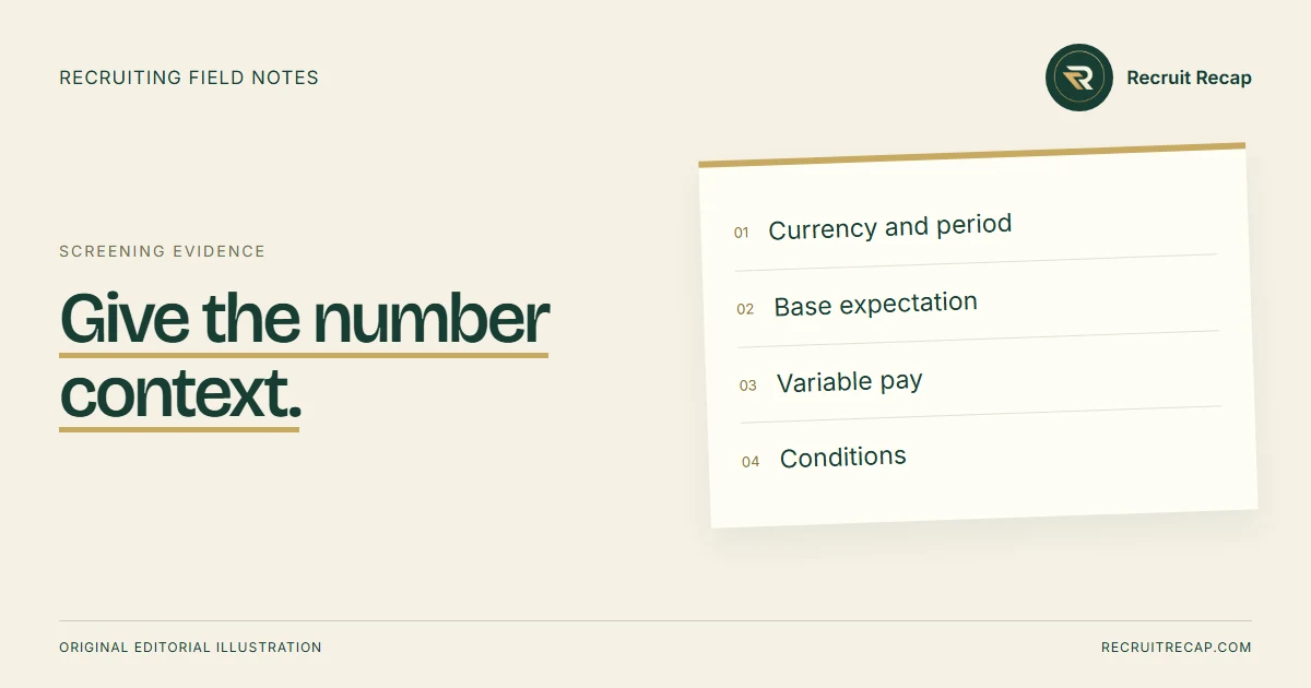 Original editorial illustration: Give the number context. Key points: Currency and period, Base expectation, Variable pay, Conditions.