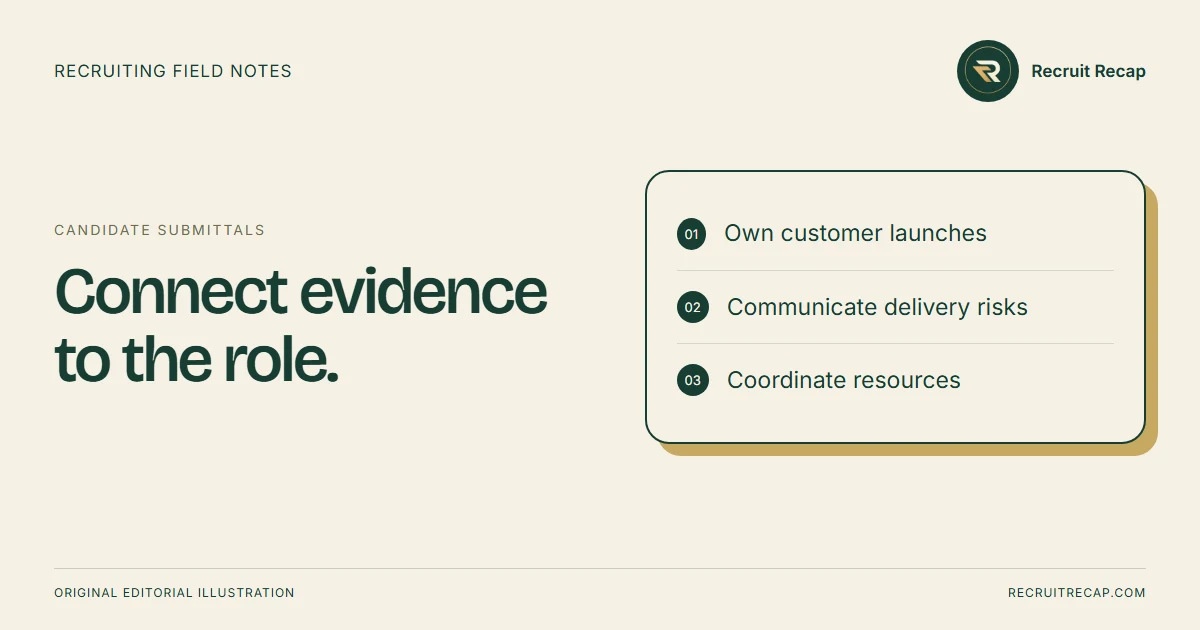 Original editorial illustration: Connect evidence to the role. Key points: Own customer launches, Communicate delivery risks, Coordinate resources.
