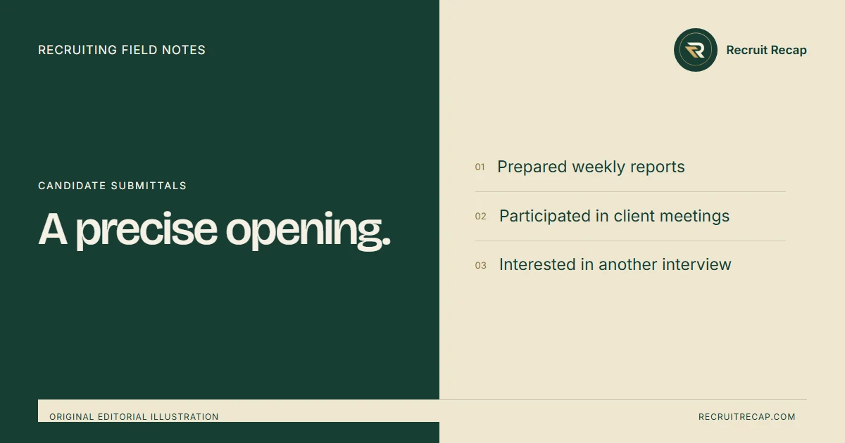 Original editorial illustration: A precise opening. Key points: Prepared weekly reports, Participated in client meetings, Interested in another interview.