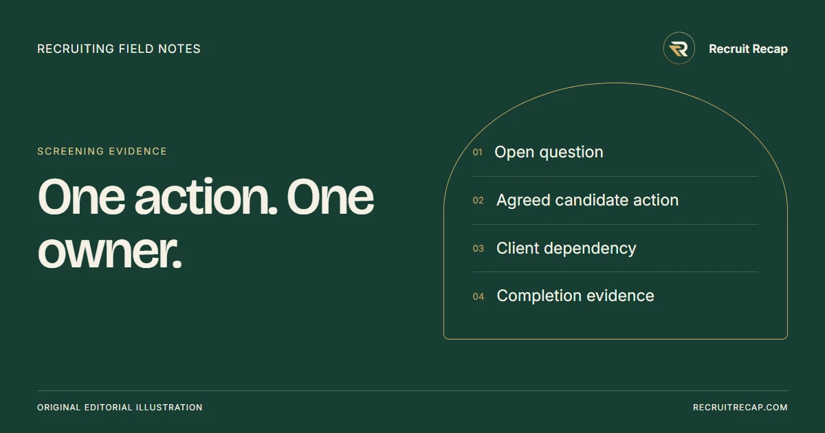 Original editorial illustration: One action. One owner. Key points: Open question, Agreed candidate action, Client dependency, Completion evidence.