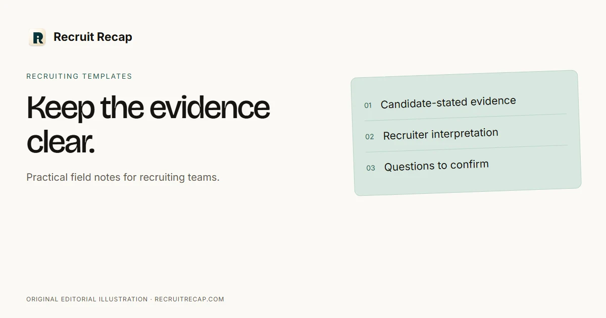 Screening record separating candidate-stated evidence, recruiter interpretation and open questions.