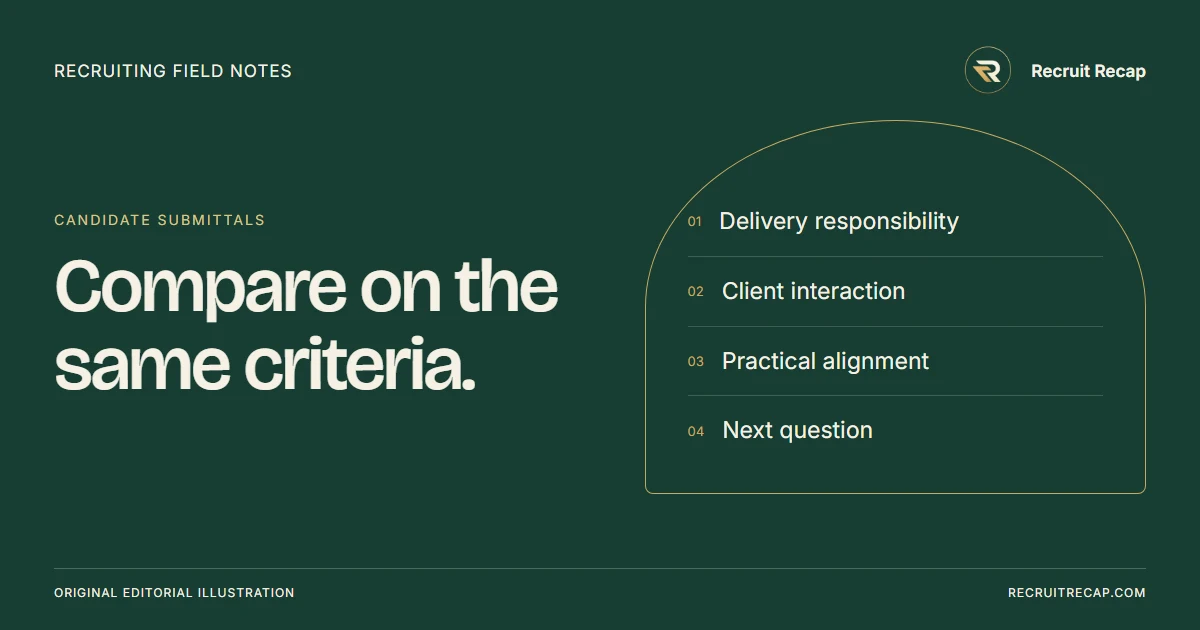 Original editorial illustration: Compare on the same criteria. Key points: Delivery responsibility, Client interaction, Practical alignment, Next question.