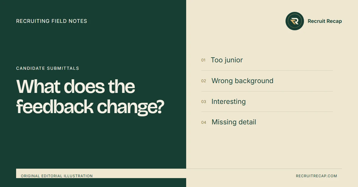 Original editorial illustration: What does the feedback change? Key points: Too junior, Wrong background, Interesting, Missing detail.