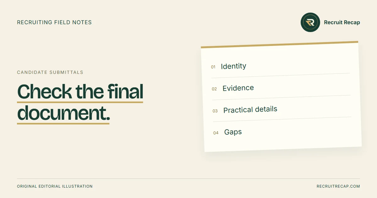 Original editorial illustration: Check the final document. Key points: Identity, Evidence, Practical details, Gaps.
