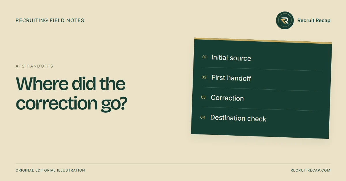 Original editorial illustration: Where did the correction go? Key points: Initial source, First handoff, Correction, Destination check.
