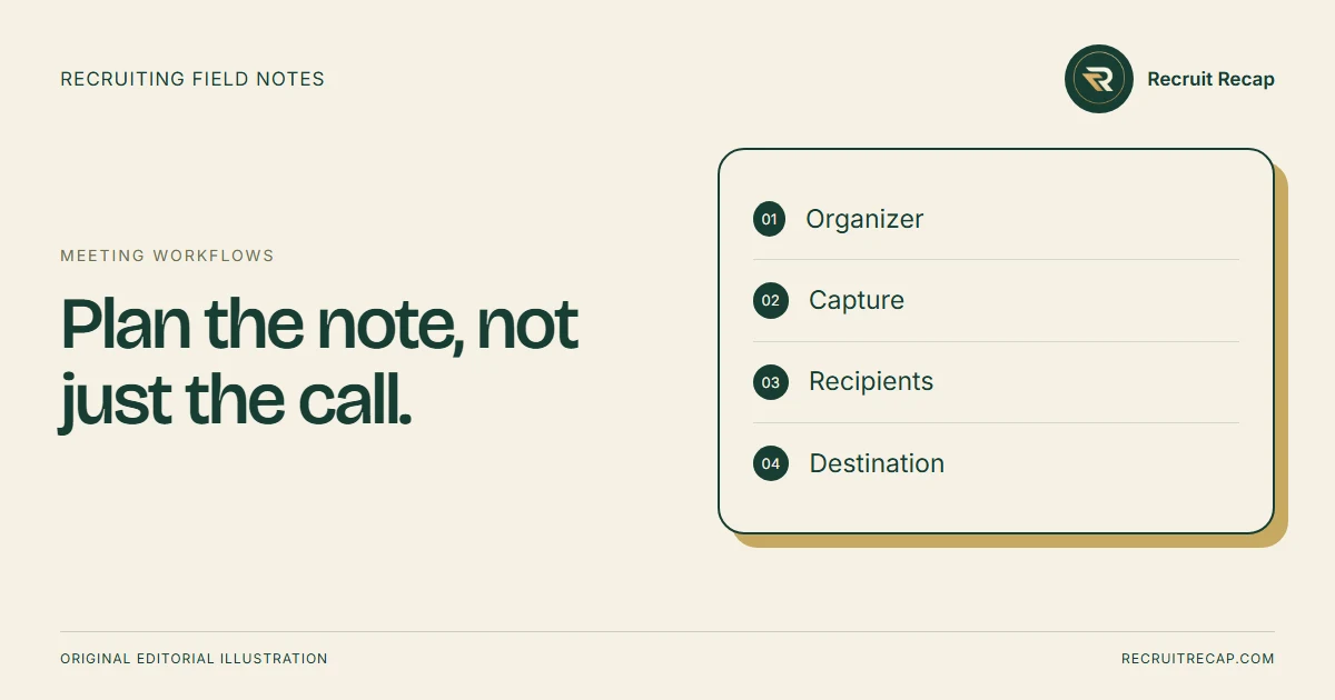 Original editorial illustration: Plan the note, not just the call. Key points: Organizer, Capture, Recipients, Destination.