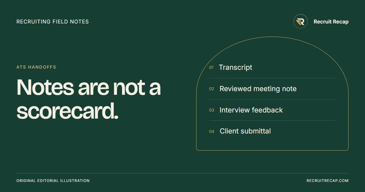 Original editorial illustration: Notes are not a scorecard. Key points: Transcript, Reviewed meeting note, Interview feedback, Client submittal.