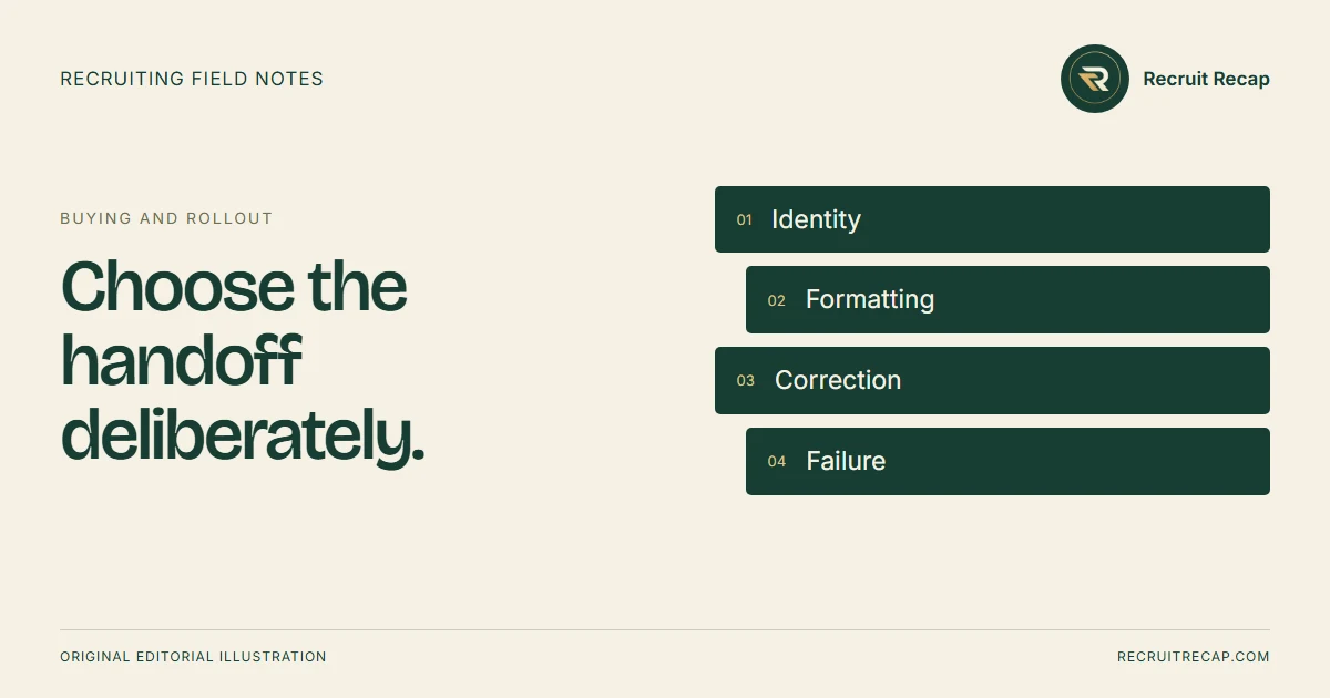 Original editorial illustration: Choose the handoff deliberately. Key points: Identity, Formatting, Correction, Failure.