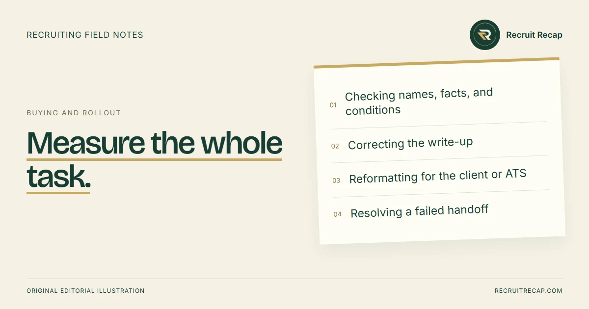 Original editorial illustration: Measure the whole task. Key points: Checking names, facts, and conditions, Correcting the write-up, Reformatting for the client or ATS, Resolving a failed handoff.