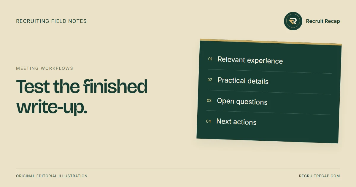 Original editorial illustration: Test the finished write-up. Key points: Relevant experience, Practical details, Open questions, Next actions.