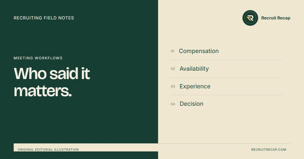 Original editorial illustration: Who said it matters. Key points: Compensation, Availability, Experience, Decision.