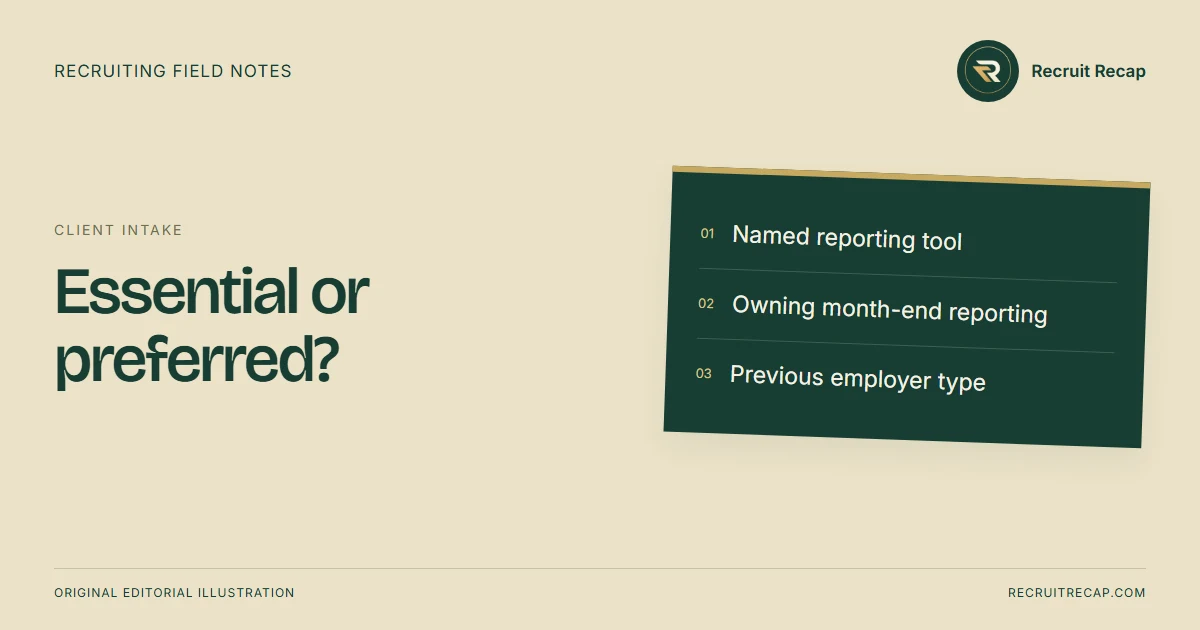Original editorial illustration: Essential or preferred? Key points: Named reporting tool, Owning month-end reporting, Previous employer type.