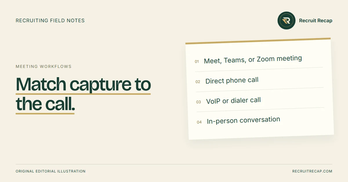 Original editorial illustration: Match capture to the call. Key points: Meet, Teams, or Zoom meeting, Direct phone call, VoIP or dialer call, In-person conversation.