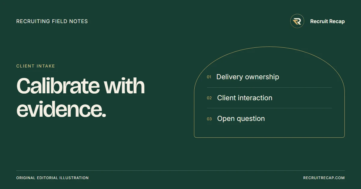 Original editorial illustration: Calibrate with evidence. Key points: Delivery ownership, Client interaction, Open question.