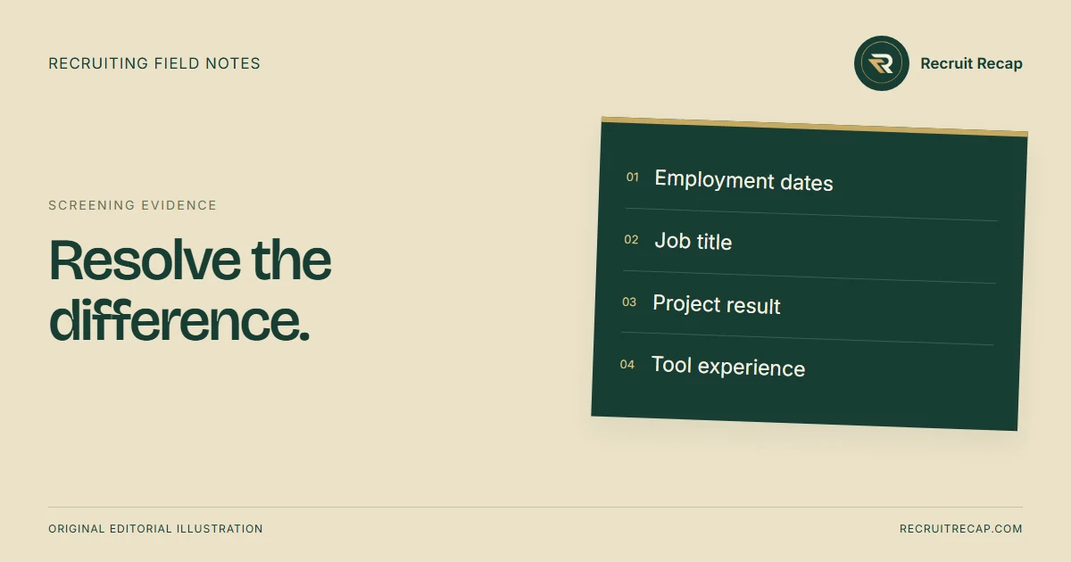 Original editorial illustration: Resolve the difference. Key points: Employment dates, Job title, Project result, Tool experience.