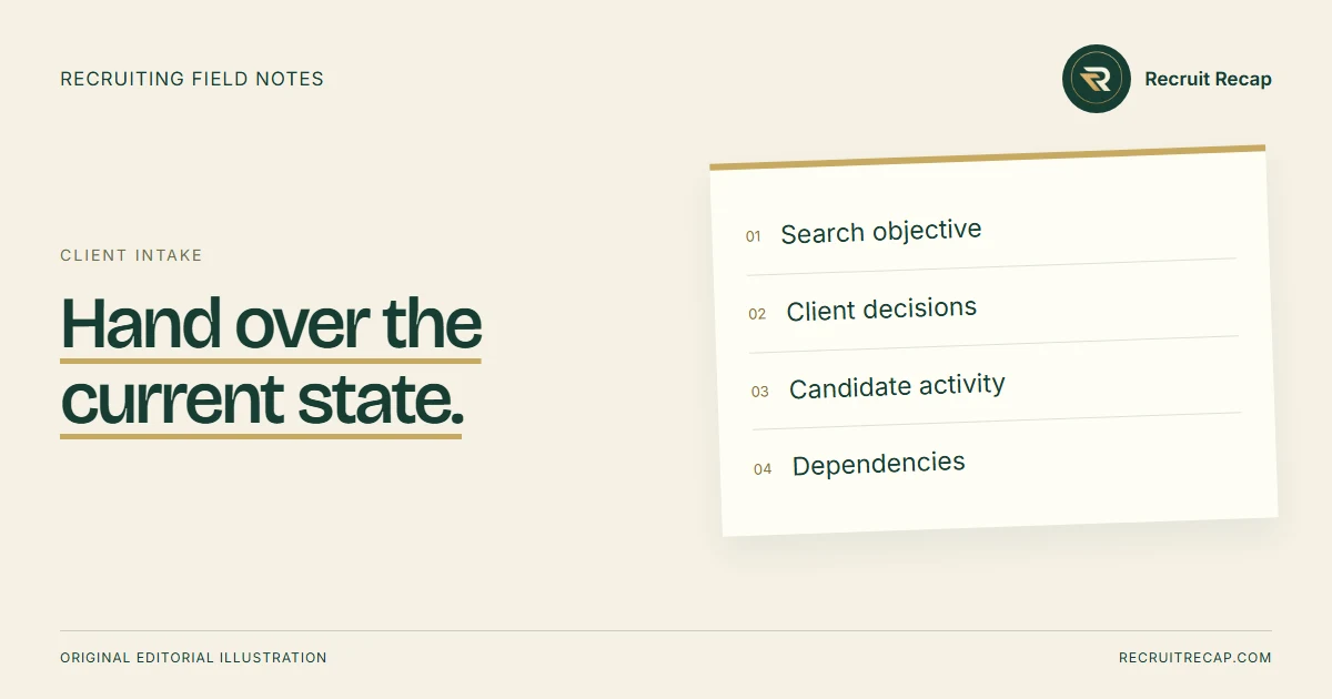 Original editorial illustration: Hand over the current state. Key points: Search objective, Client decisions, Candidate activity, Dependencies.