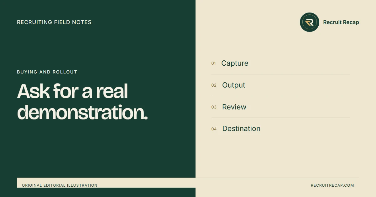 Original editorial illustration: Ask for a real demonstration. Key points: Capture, Output, Review, Destination.
