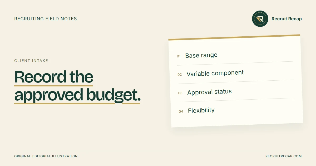 Original editorial illustration: Record the approved budget. Key points: Base range, Variable component, Approval status, Flexibility.