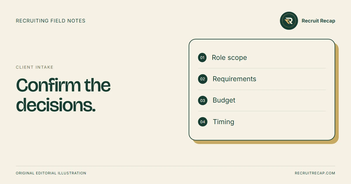 Original editorial illustration: Confirm the decisions. Key points: Role scope, Requirements, Budget, Timing.