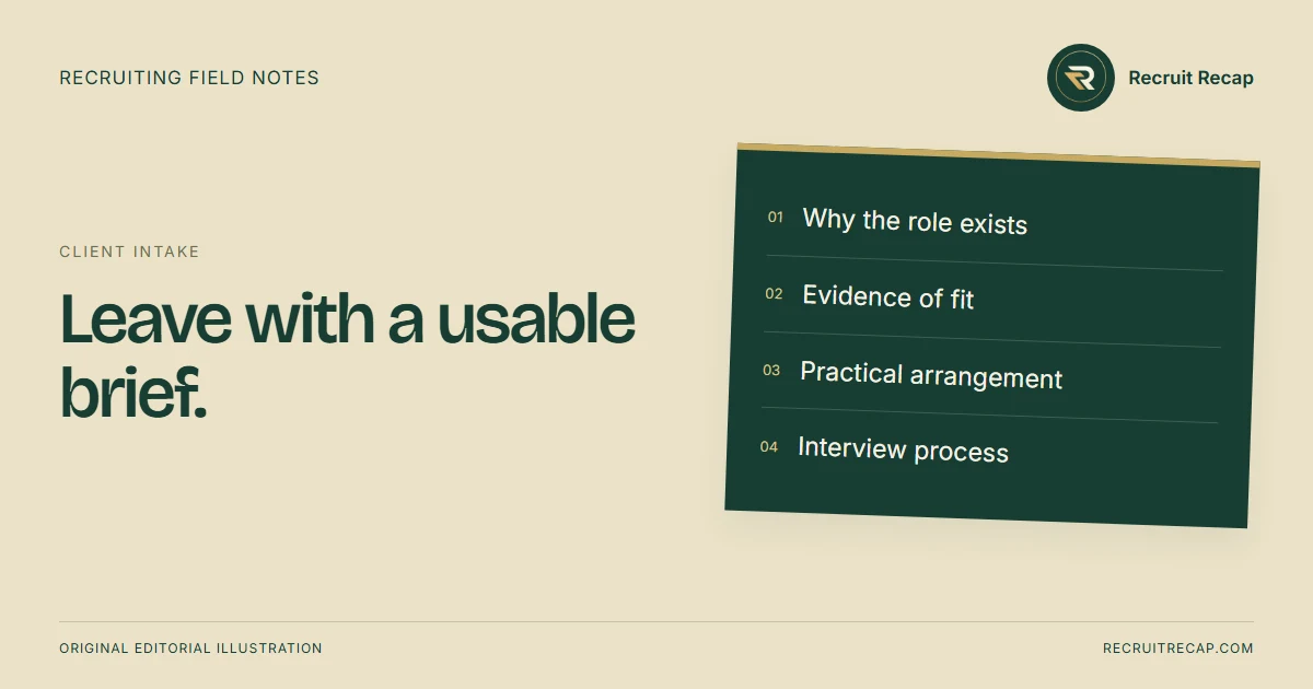 Original editorial illustration: Leave with a usable brief. Key points: Why the role exists, Evidence of fit, Practical arrangement, Interview process.