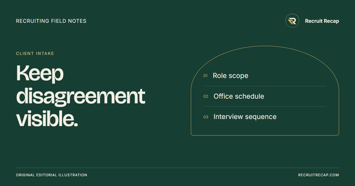 Original editorial illustration: Keep disagreement visible. Key points: Role scope, Office schedule, Interview sequence.
