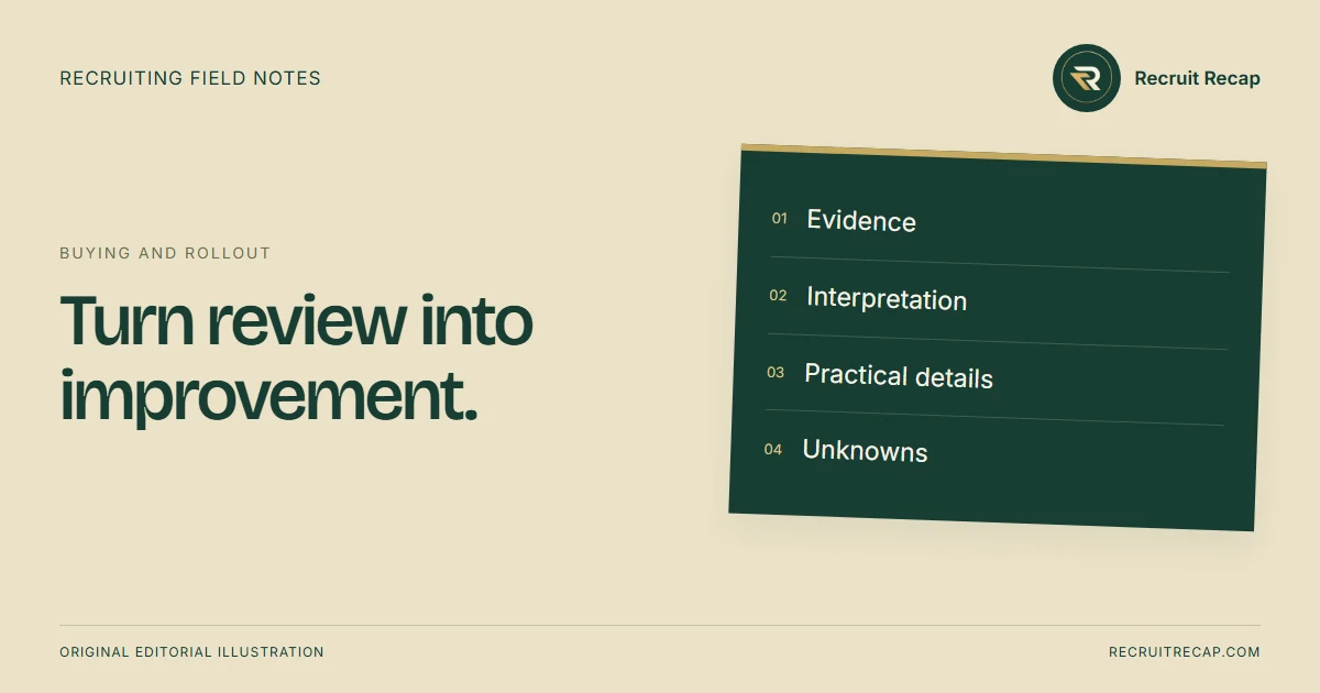 Original editorial illustration: Turn review into improvement. Key points: Evidence, Interpretation, Practical details, Unknowns.