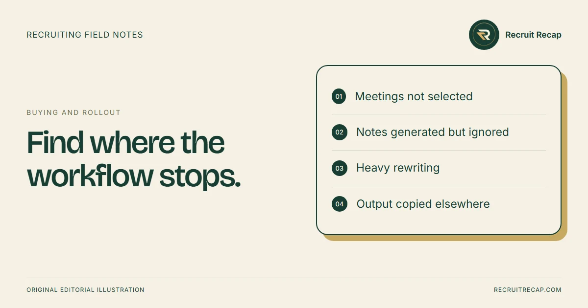 Original editorial illustration: Find where the workflow stops. Key points: Meetings not selected, Notes generated but ignored, Heavy rewriting, Output copied elsewhere.