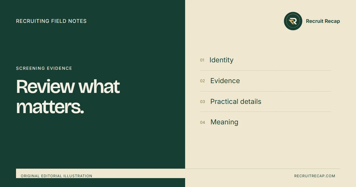 Original editorial illustration: Review what matters. Key points: Identity, Evidence, Practical details, Meaning.
