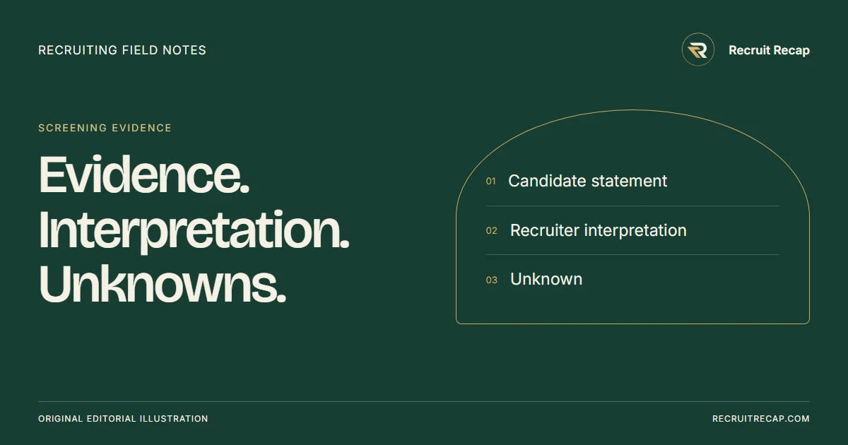 Original editorial illustration: Evidence. Interpretation. Unknowns. Key points: Candidate statement, Recruiter interpretation, Unknown.