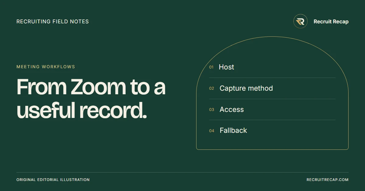 Original editorial illustration: From Zoom to a useful record. Key points: Host, Capture method, Access, Fallback.